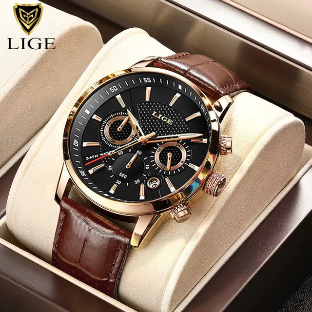 Men's Watch LIGE Top Brand Leather Casual Quartz