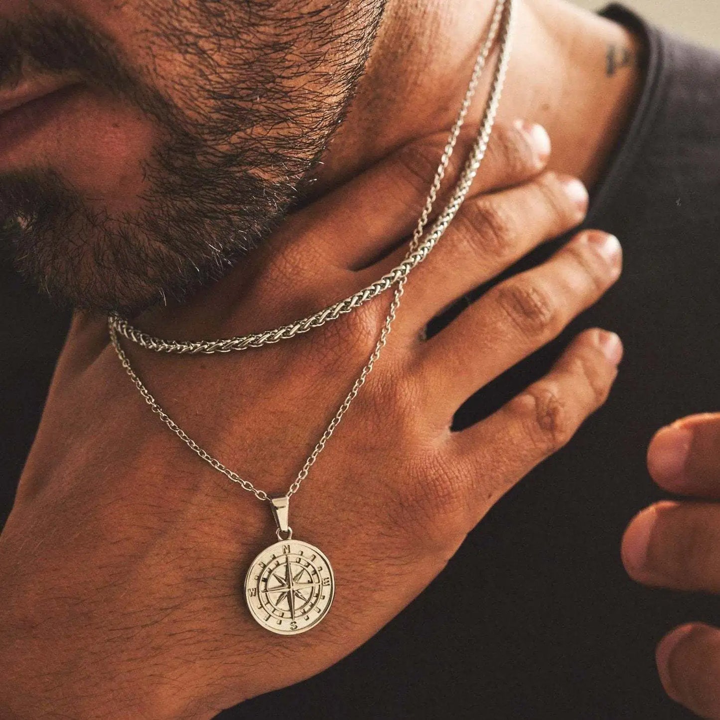 Men's Compass Layered Chain Necklace