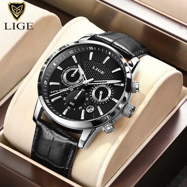 Men's Watch LIGE Top Brand Leather Casual Quartz