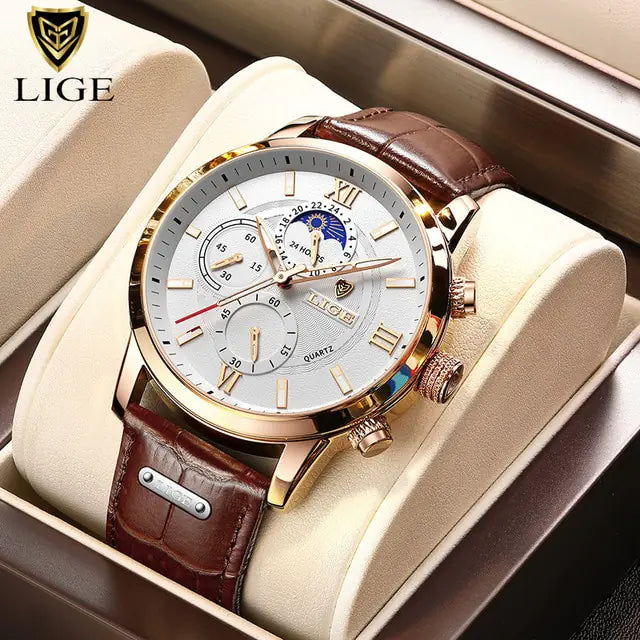 Men's Watch LIGE Top Brand Leather Casual Quartz