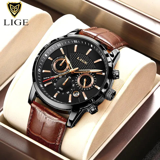 Men's Watch LIGE Top Brand Leather Casual Quartz