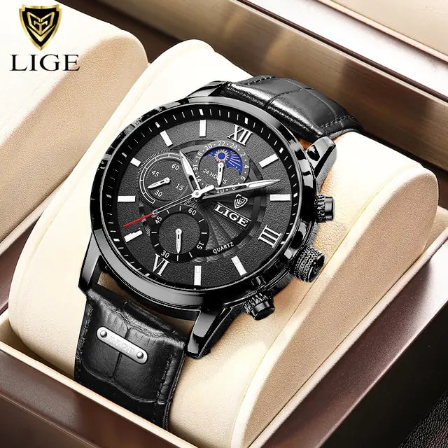 Men's Watch LIGE Top Brand Leather Casual Quartz