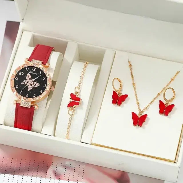 Women's Rhinestone Butterfly Watch Set