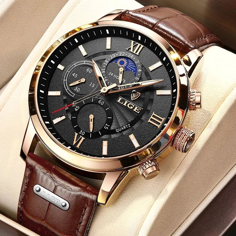 Men's Watch LIGE Top Brand Leather Casual Quartz