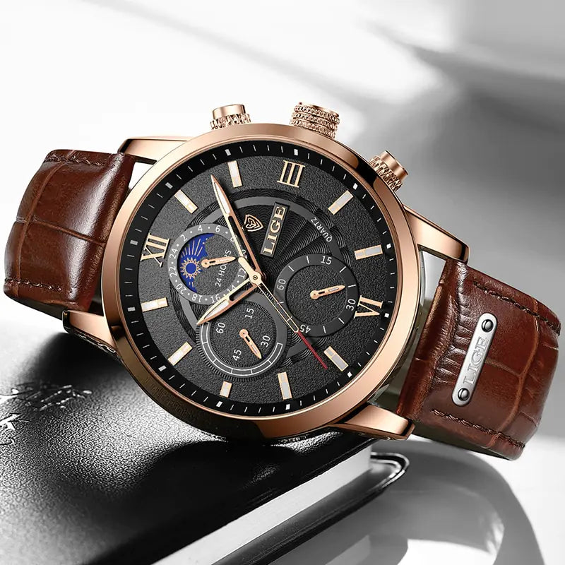 Men's Watch LIGE Top Brand Leather Casual Quartz