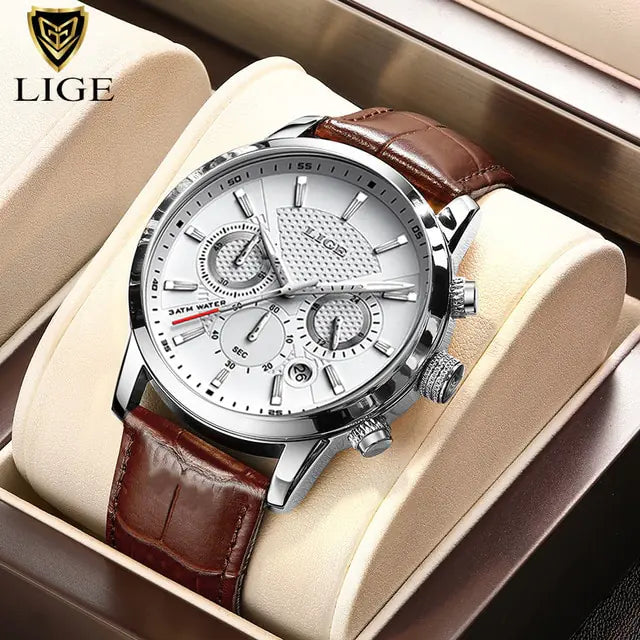 Men's Watch LIGE Top Brand Leather Casual Quartz