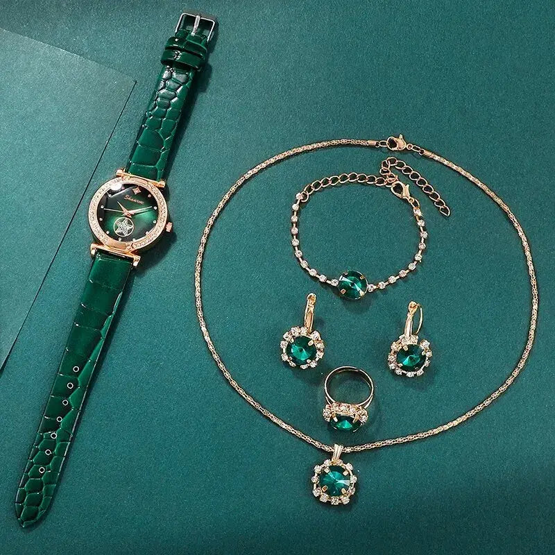 Women's Green Luxury Quartz Watch Set