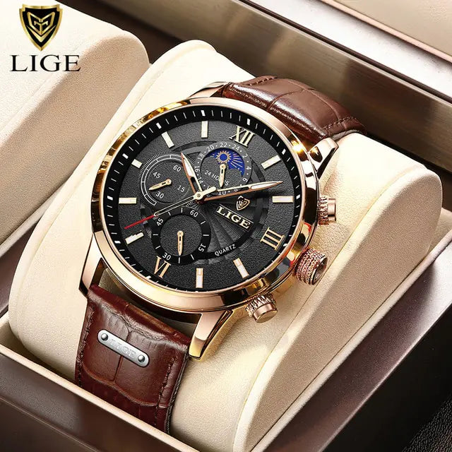 Men's Watch LIGE Top Brand Leather Casual Quartz