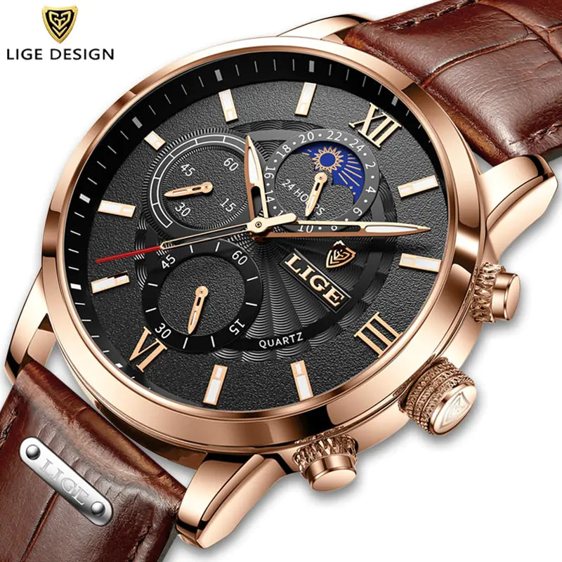 Men's Watch LIGE Top Brand Leather Casual Quartz