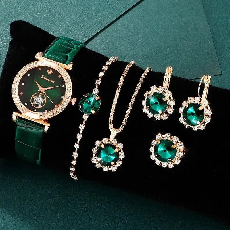 Women's Green Luxury Quartz Watch Set