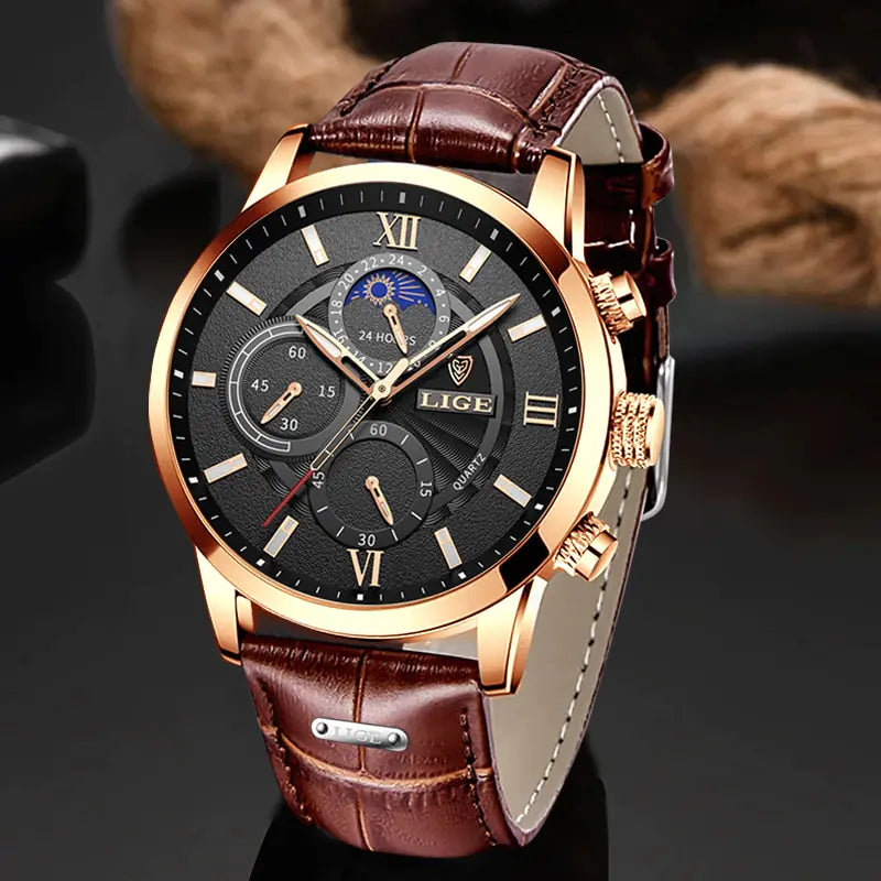 Men's Watch LIGE Top Brand Leather Casual Quartz