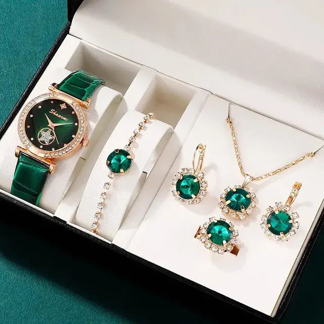 Women's Green Luxury Quartz Watch Set